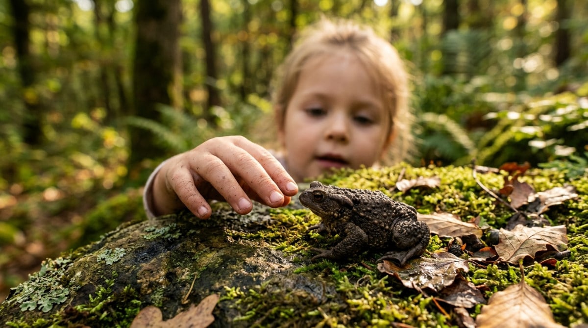 Main d'enfant approchant un crapaud commun sur une pierre moussue