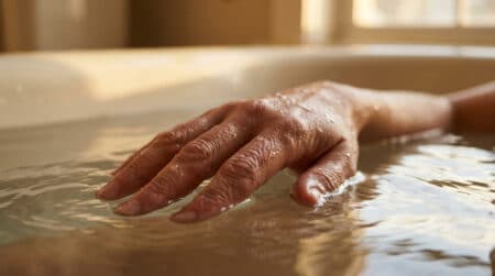 Main fripée immergée dans l'eau du bain