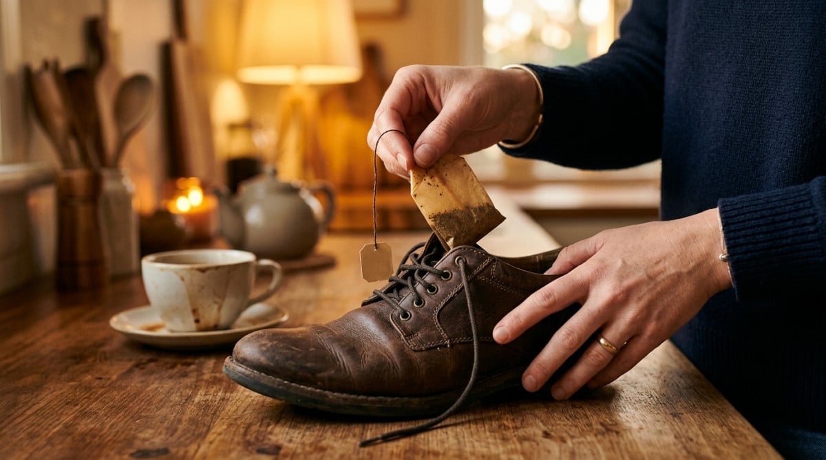 Main glissant un sachet de thé séché dans une chaussure
