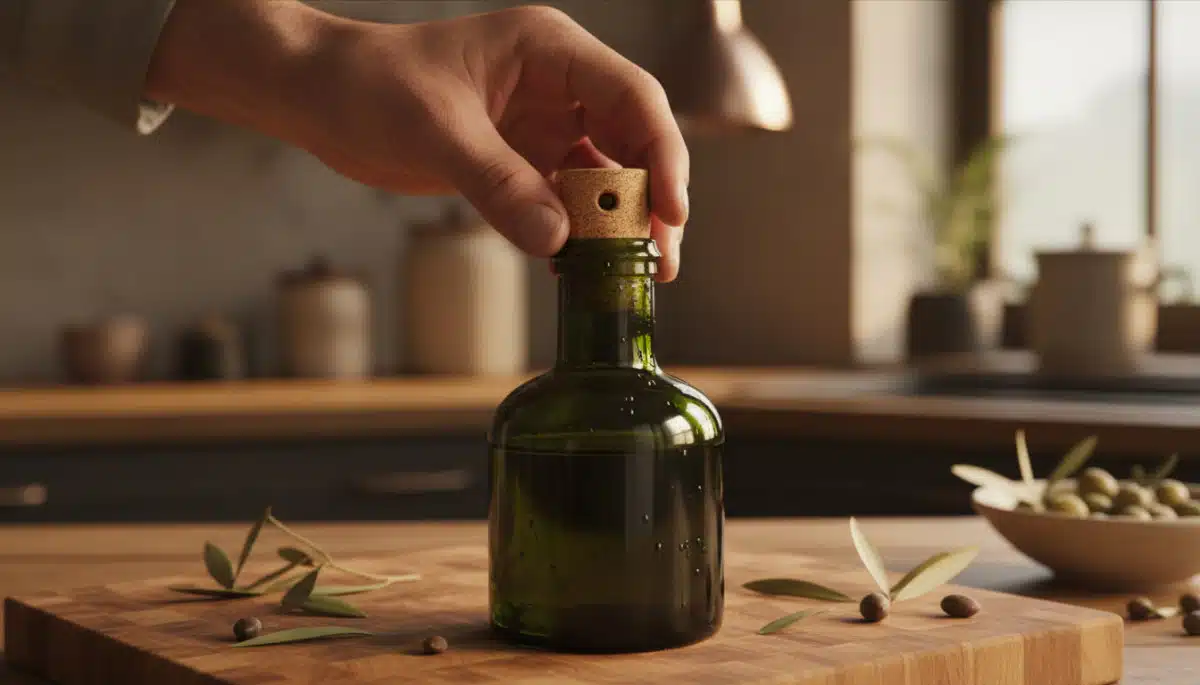 main insère bouchon liège dans bouteille huile