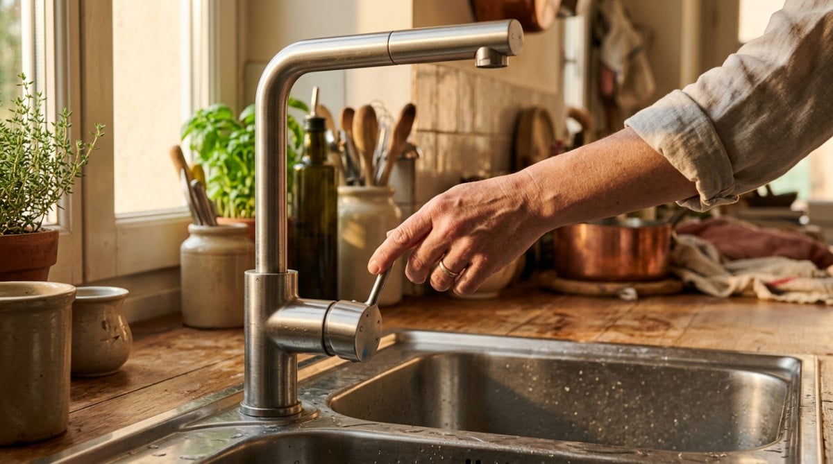 Main poussant un mitigeur de cuisine sur position froide
