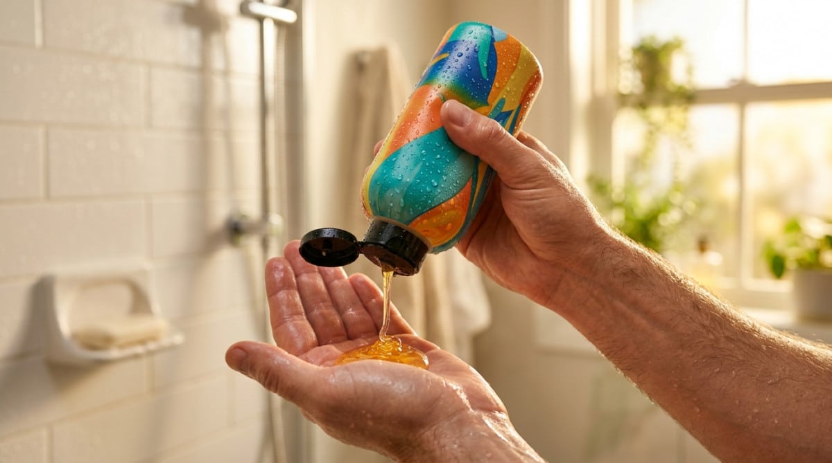 Main pressant un flacon de gel douche coloré
