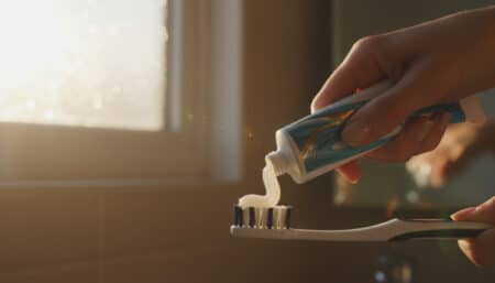 Main pressant un tube de dentifrice sur une brosse à dents