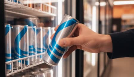Main qui attrape une canette de boisson énergisante au frigo