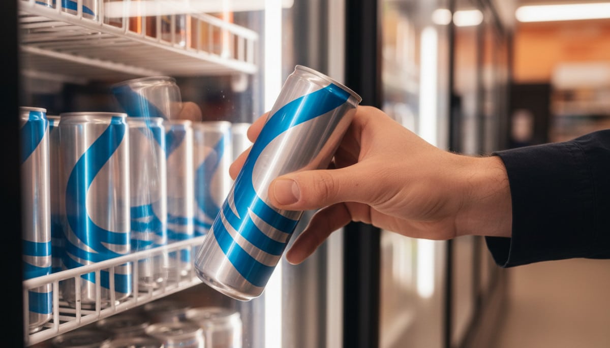 Main qui attrape une canette de boisson énergisante au frigo