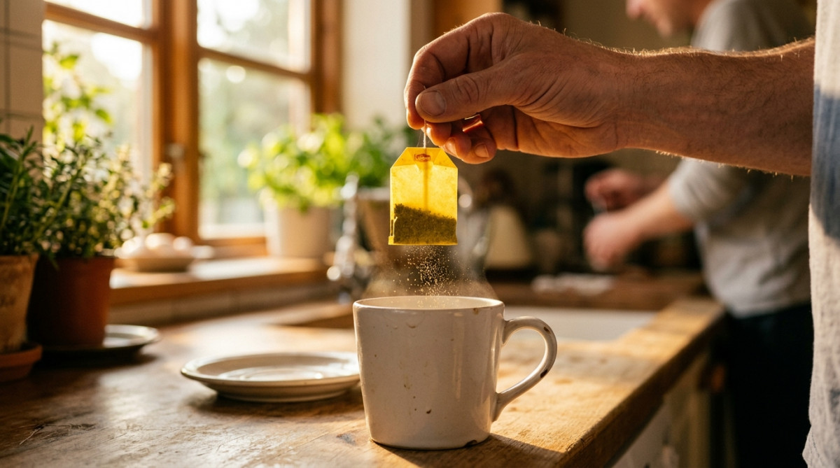 Main tenant un sachet de thé Lipton au-dessus d'une tasse