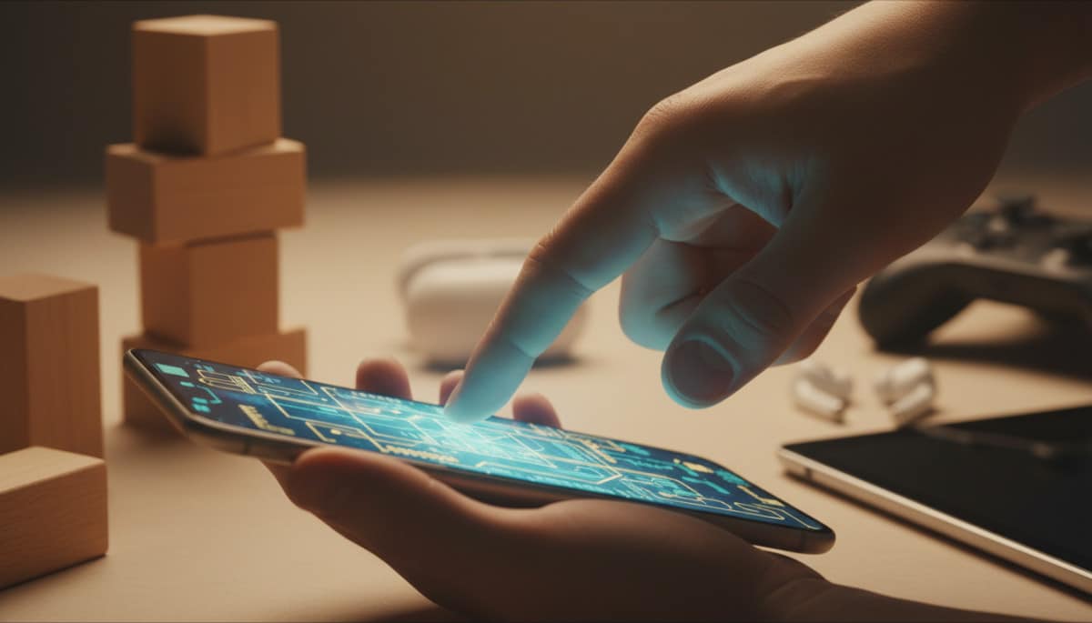Main tenant un smartphone, symbolisant le jeu numérique.