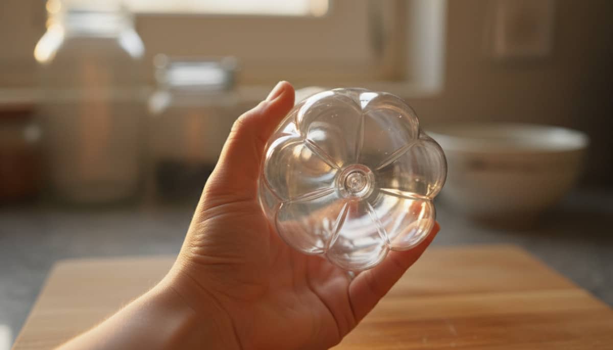 Main tenant une bouteille plastique à l'envers, fond pétaloïde visible