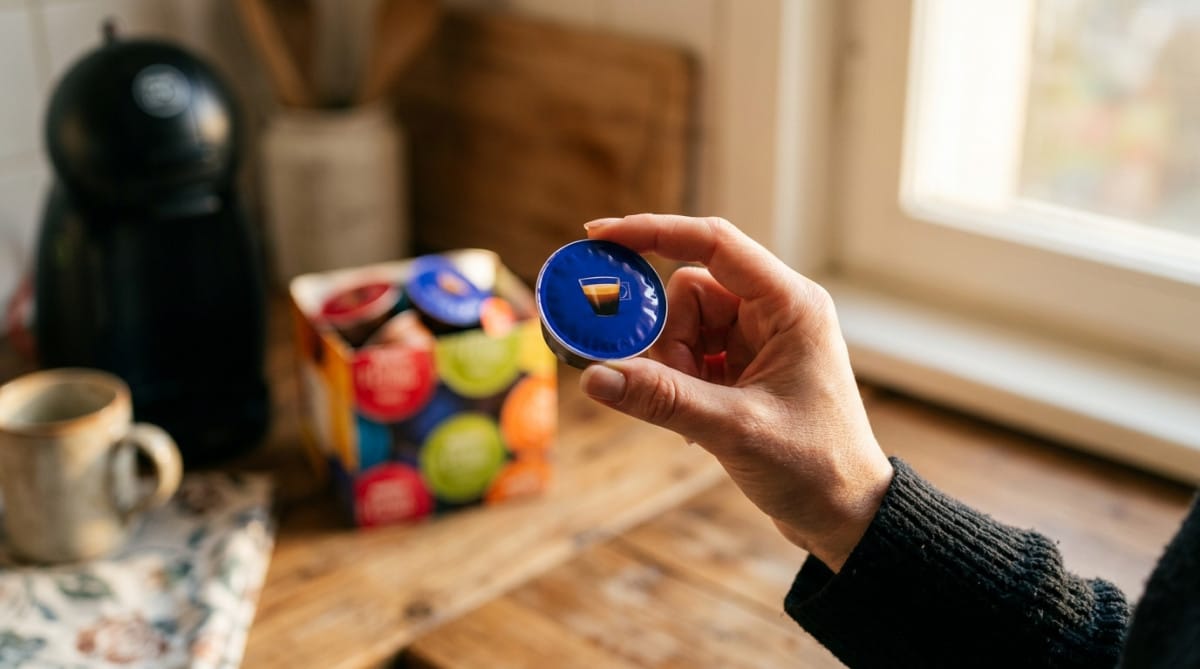 Main tenant une capsule Dolce Gusto en gros plan