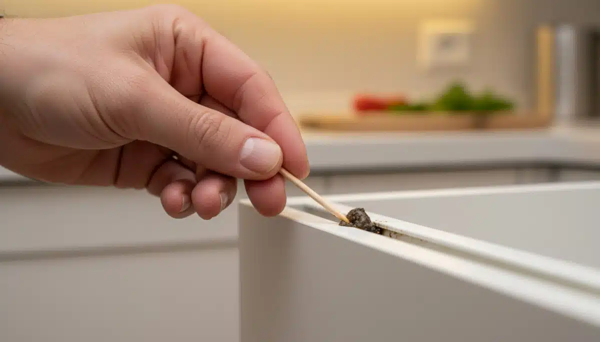 main utilisant un cure-dent pour nettoyer la rainure d'un tiroir