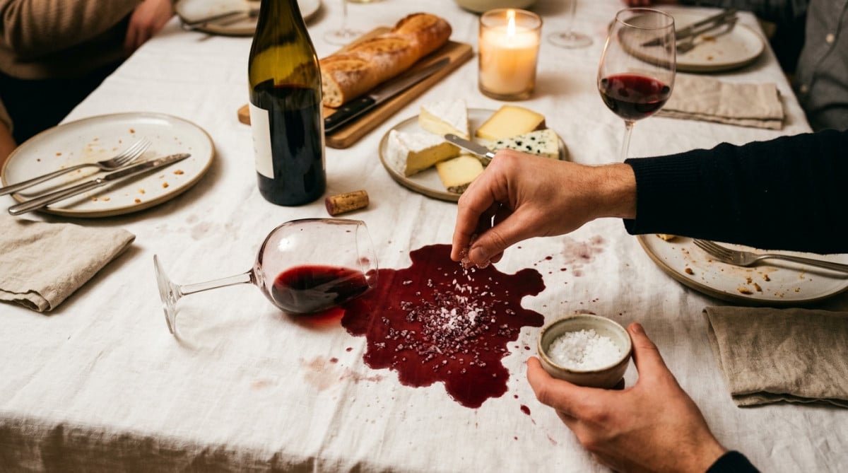 Main versant du sel sur une tache de vin rouge sur nappe blanche