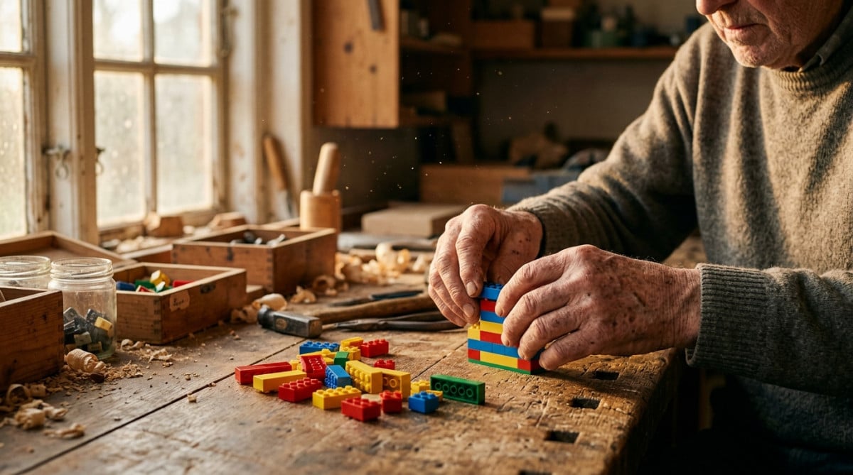 Mains assemblant des briques Lego sur un établi en bois