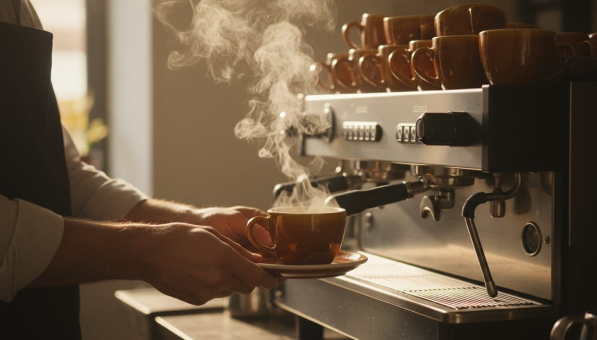 Mains de barista posant une tasse espresso épaisse