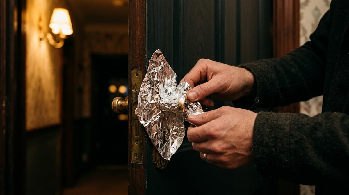 Mains enroulant du papier aluminium autour d'une poignée de porte