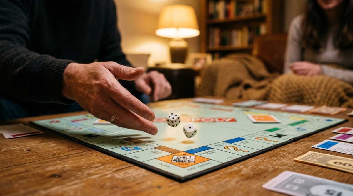Mains lançant des dés sur un plateau de Monopoly