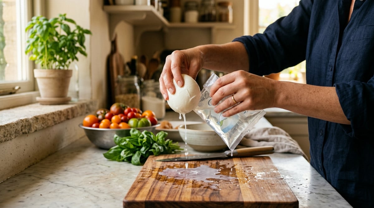 Mains ouvrant un sachet de mozzarella fraîche dans une cuisine