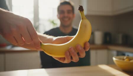 Mains pinçant le bout noir d'une banane retournée