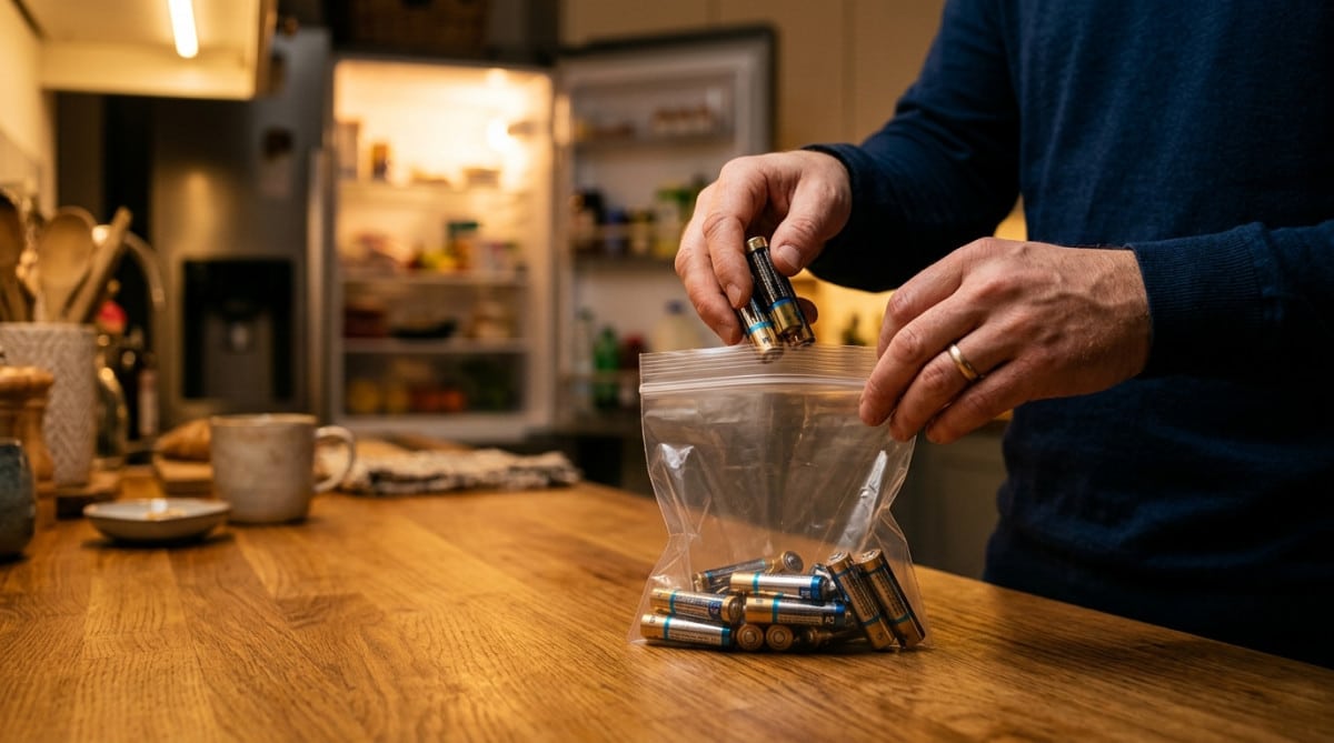 Mains plaçant des piles alcalines dans un sachet hermétique