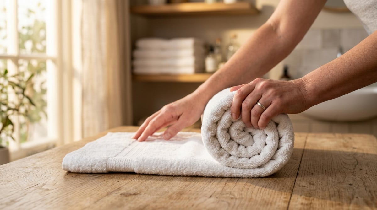 Mains roulant une serviette de bain blanche sur une table