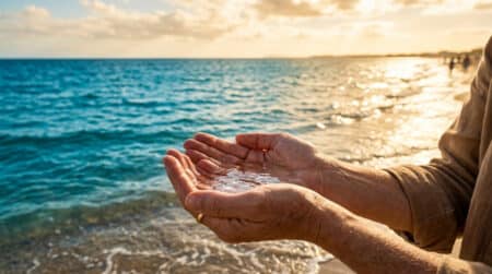 Mains tenant de l'eau de mer transparente devant océan bleu
