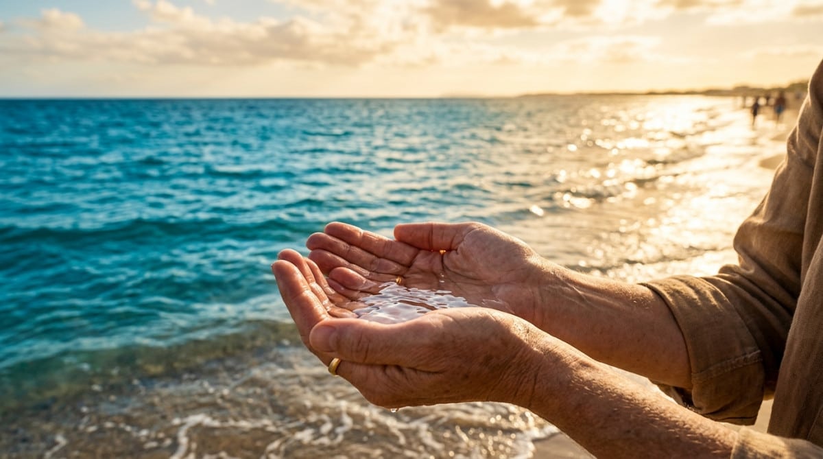 Mains tenant de l'eau de mer transparente devant océan bleu