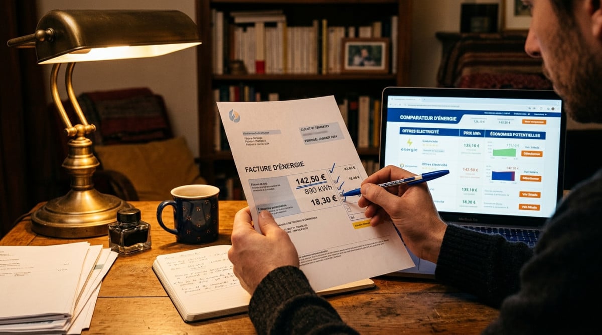 Mains tenant une facture d'énergie avec comparateur