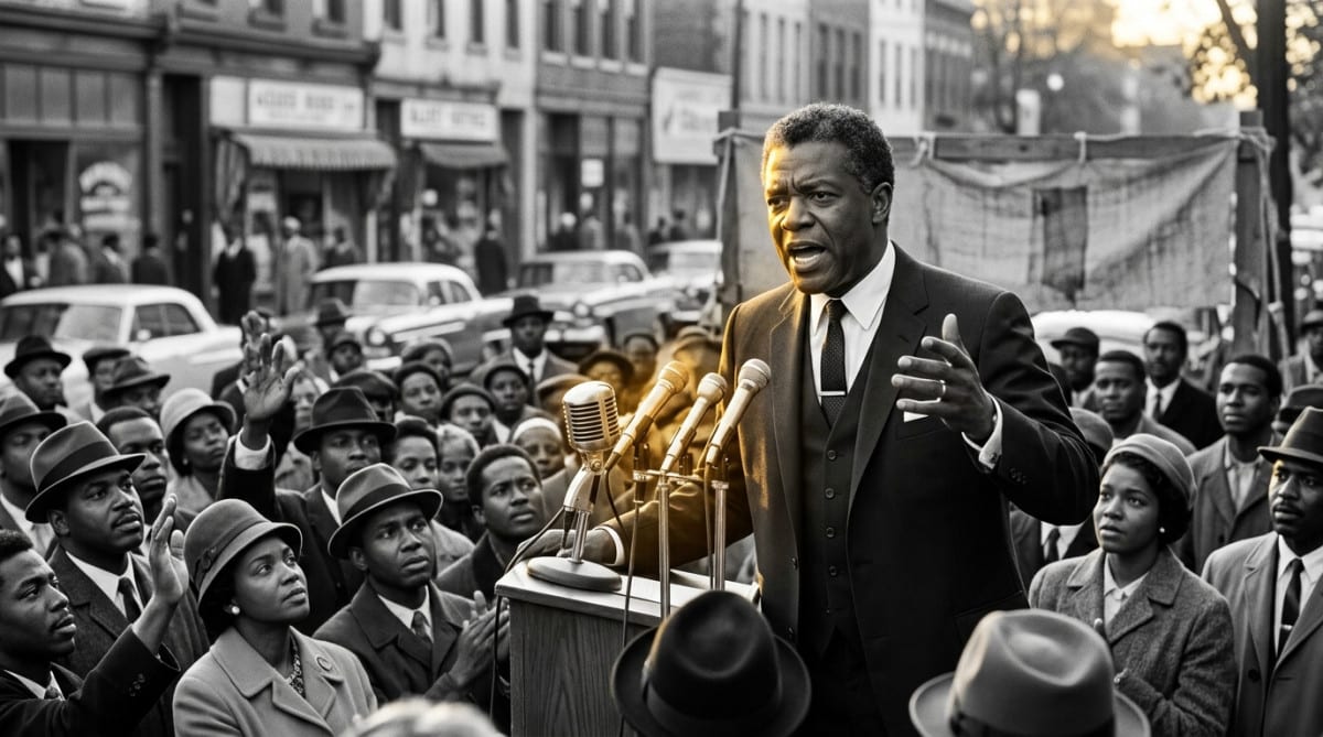 Malcolm X prononçant un discours devant une foule dans les années 1960
