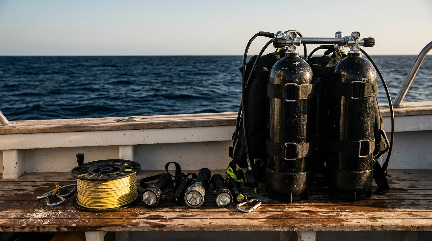 Équipement de plongée spéléologique posé sur un bateau