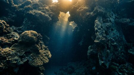 Entrée sombre d'une grotte sous-marine aux Maldives