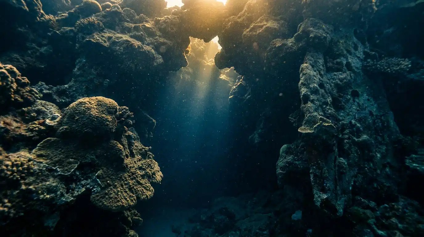 Entrée sombre d'une grotte sous-marine aux Maldives