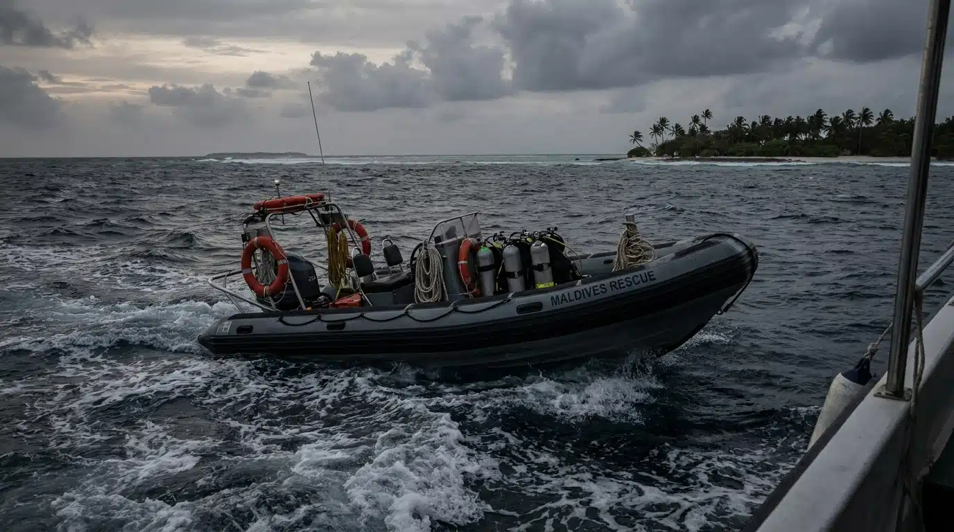 Bateau de secours sur mer agitée près d'un atoll maldivien