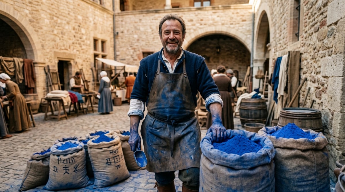 Marchand de pastel devant des sacs de pigment bleu à Toulouse