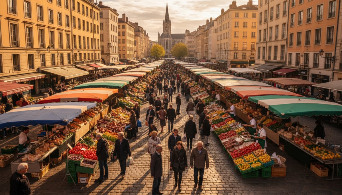 Marché alimentaire en plein air à Lyon avec étals de produits frais