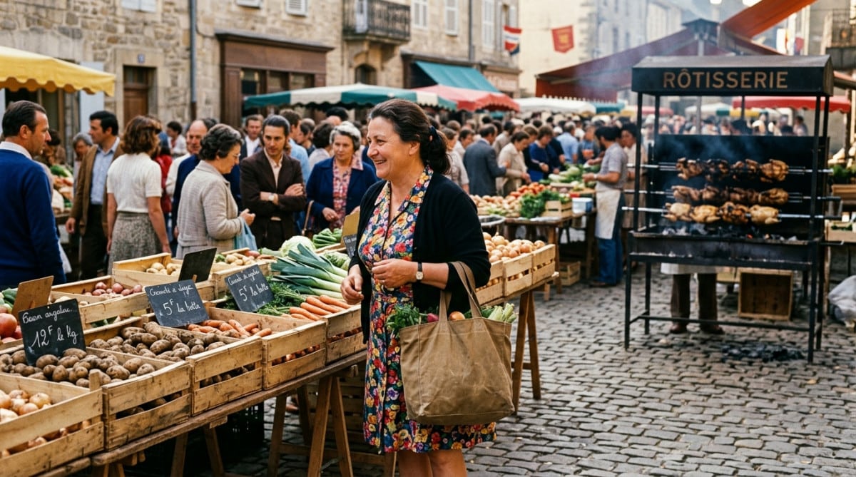 Marché de plein air français dans les années 70 avec étals en bois