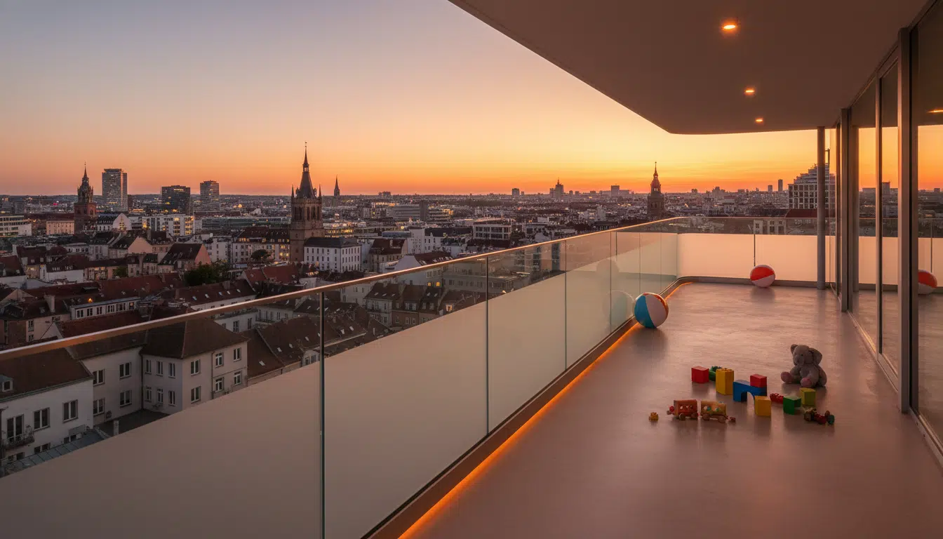 Balcon avec jouets d'enfants au coucher du soleil sur une ville européenne