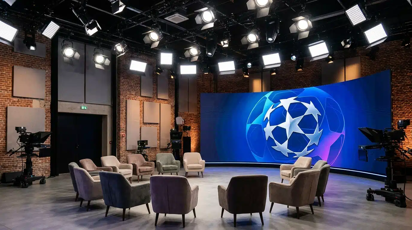 Plateau de télévision français vide avec écran affichant le logo de la Ligue des champions en arrière-plan