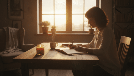 Personne écrivant dans un journal à la lumière dorée