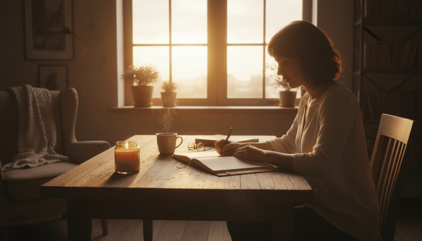 Personne écrivant dans un journal à la lumière dorée