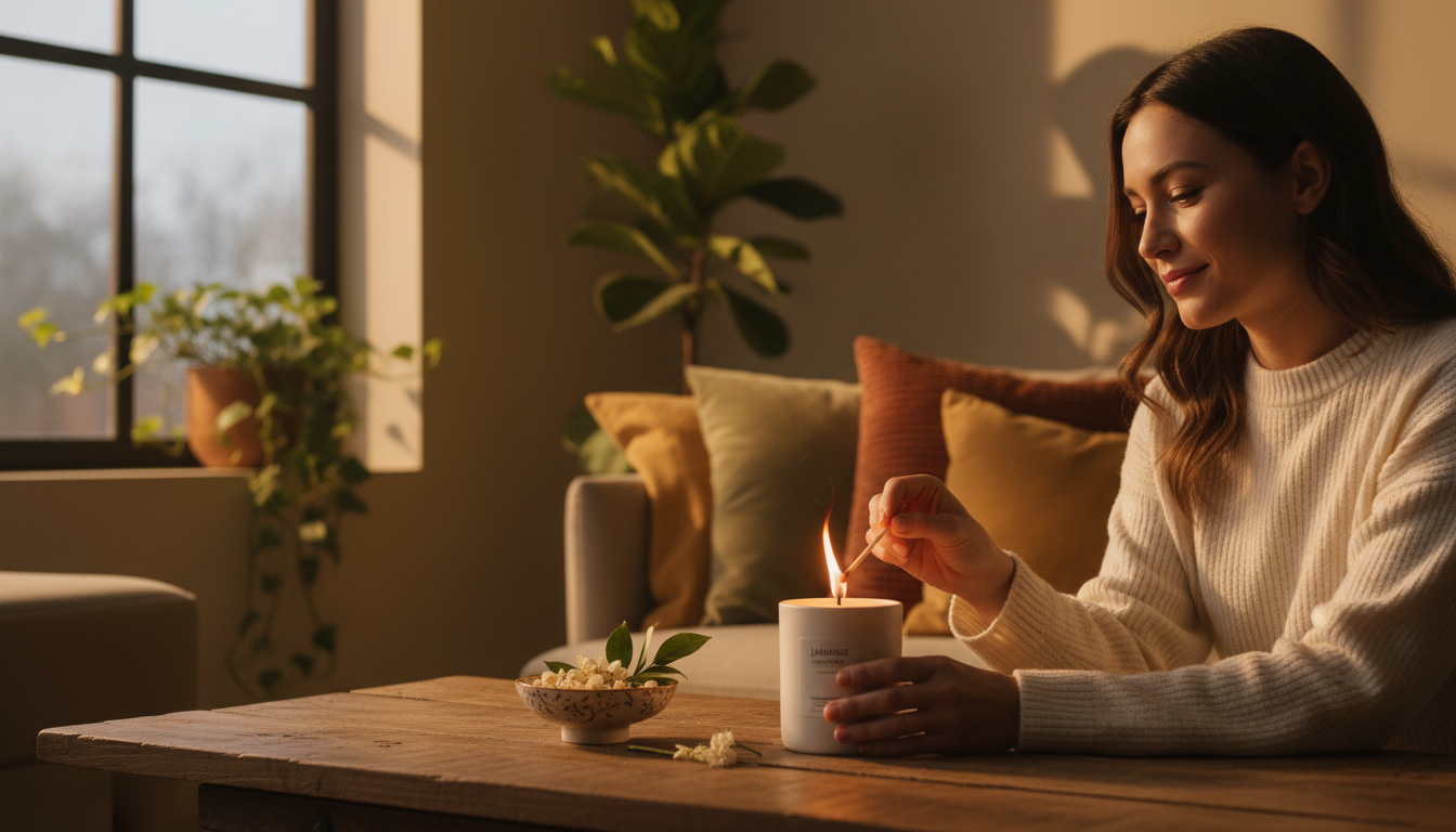 Femme allumant une bougie parfumée dans un salon chaleureux