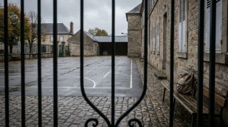 Cour d'école vide avec tracés de terrain de handball