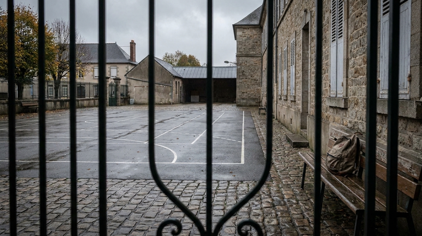 Cour d'école vide avec tracés de terrain de handball