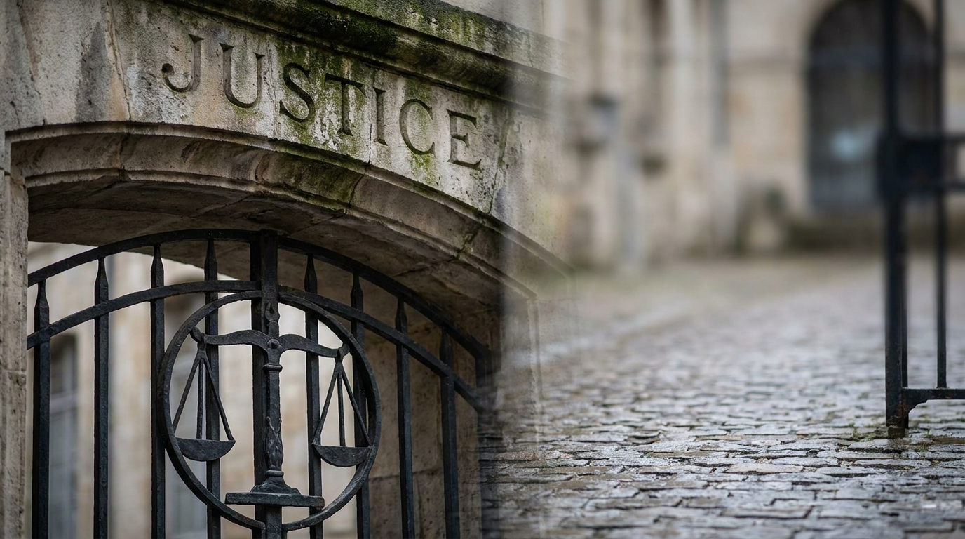Entrée d'un tribunal français avec symbole de la justice
