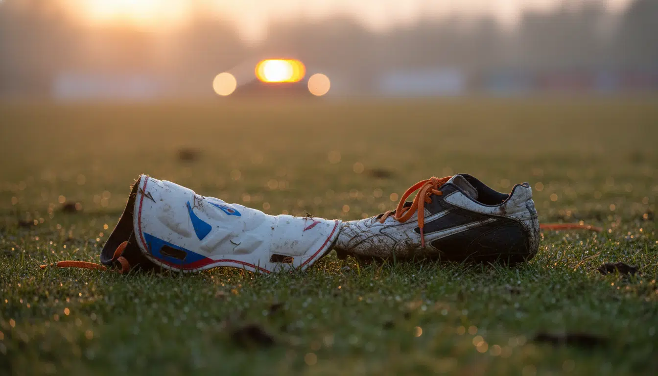 Protège-tibia et crampon sur un terrain de foot avec lumière d'ambulance