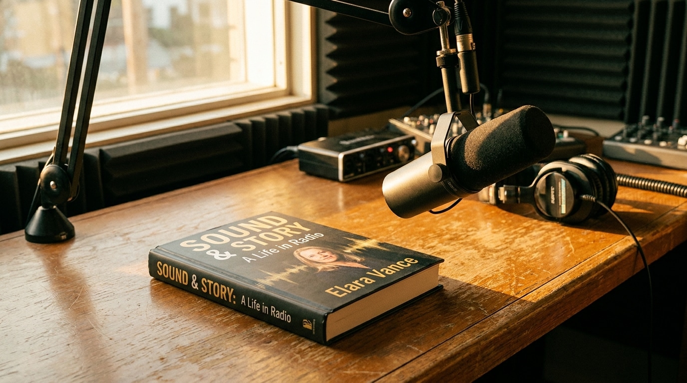 Livre posé sur un bureau de studio radio près d'un microphone professionnel