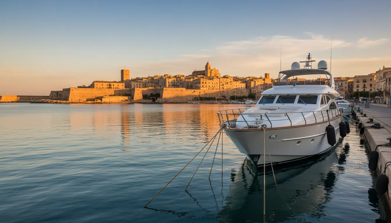 Yacht de luxe amarré dans le port de Cagliari en Sardaigne au coucher du soleil