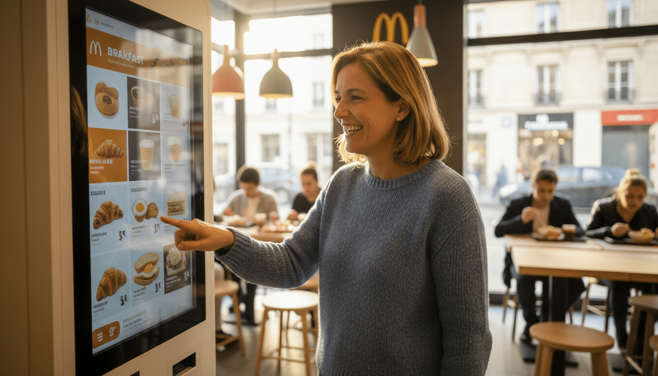 Femme commandant le petit-déjeuner chez McDonald's