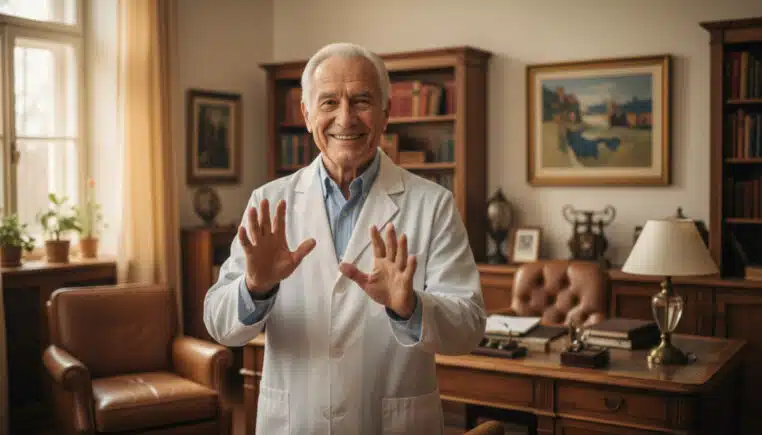 Médecin comparant ses deux mains en souriant