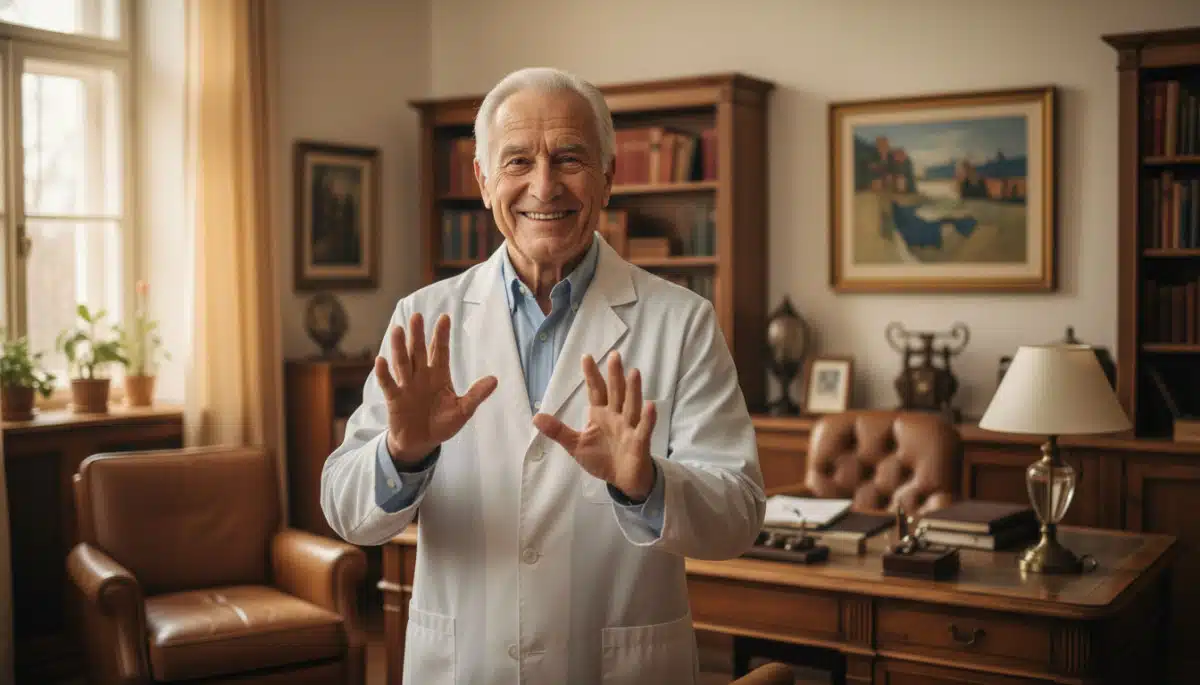 Médecin comparant ses deux mains en souriant