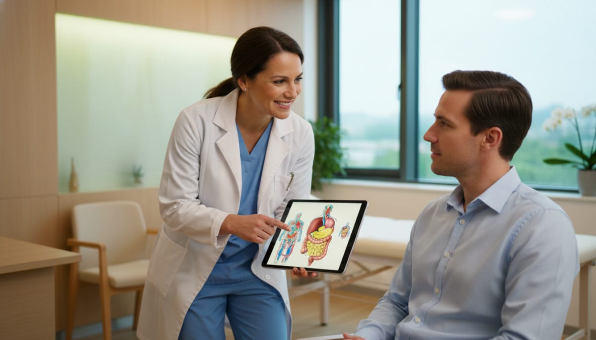 Médecin expliquant la digestion et la circulation sanguine