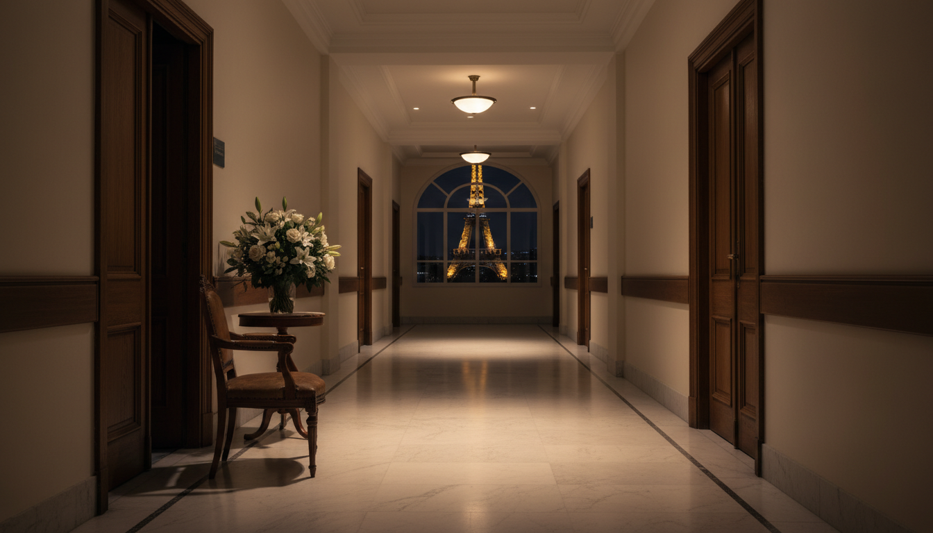 Couloir d'hôpital parisien la nuit avec un bouquet de fleurs blanches